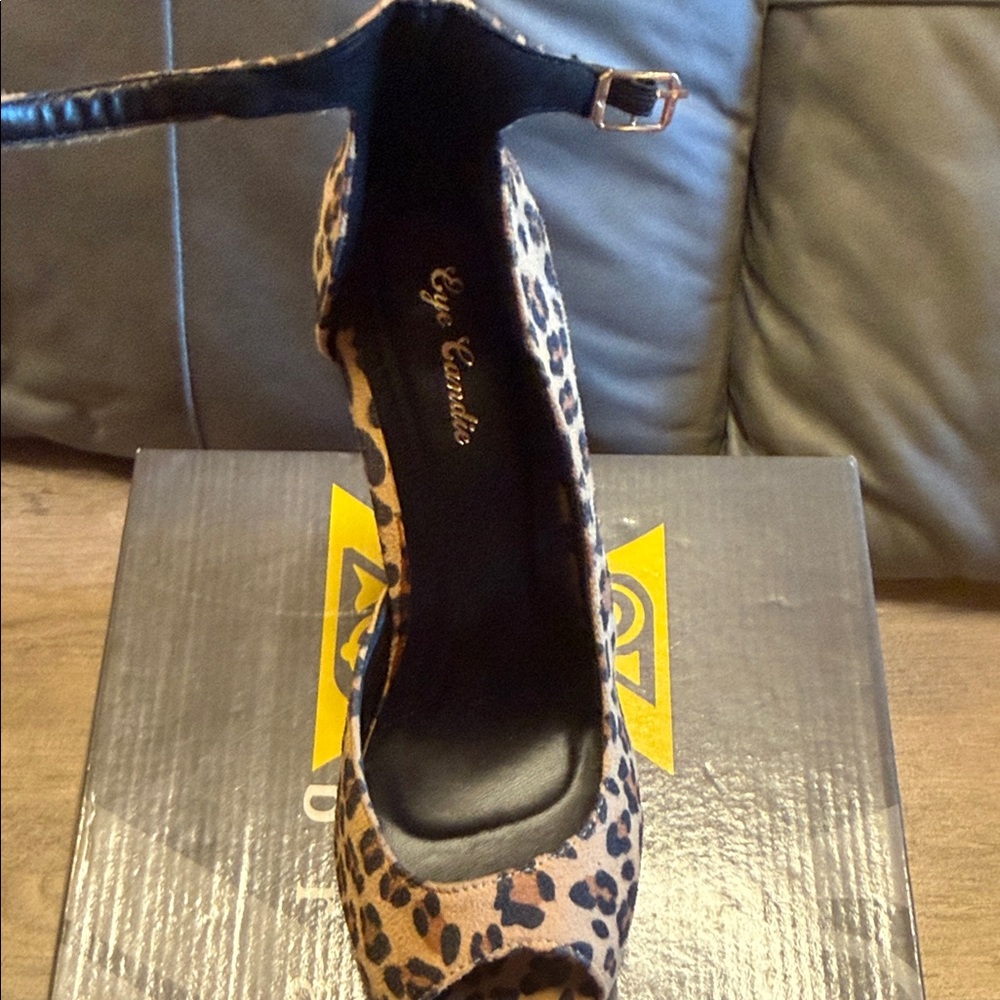 eye candy Leopard Print Peep-Toe Ankle-Strap Pump in Brown and Black